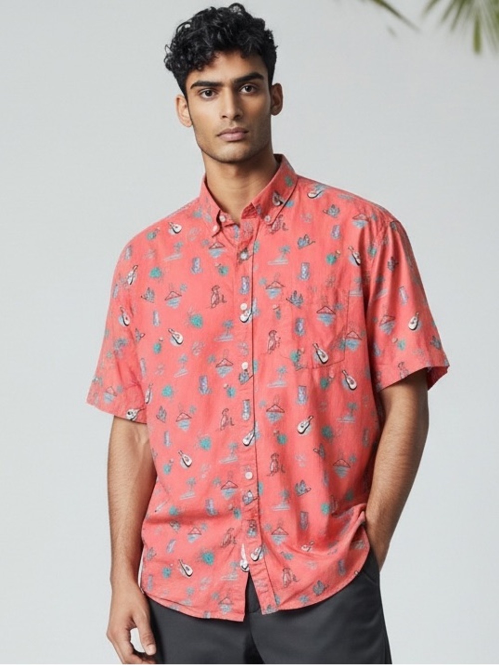 Sonoma Coral Short-Sleeve Button-Down Shirt with Tropical Print